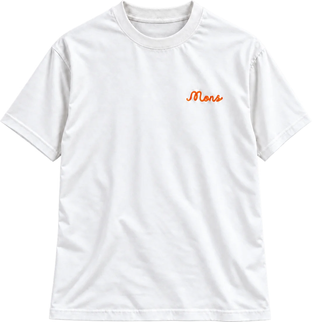 White MONS cotton T-shirt, front view with orange script logo