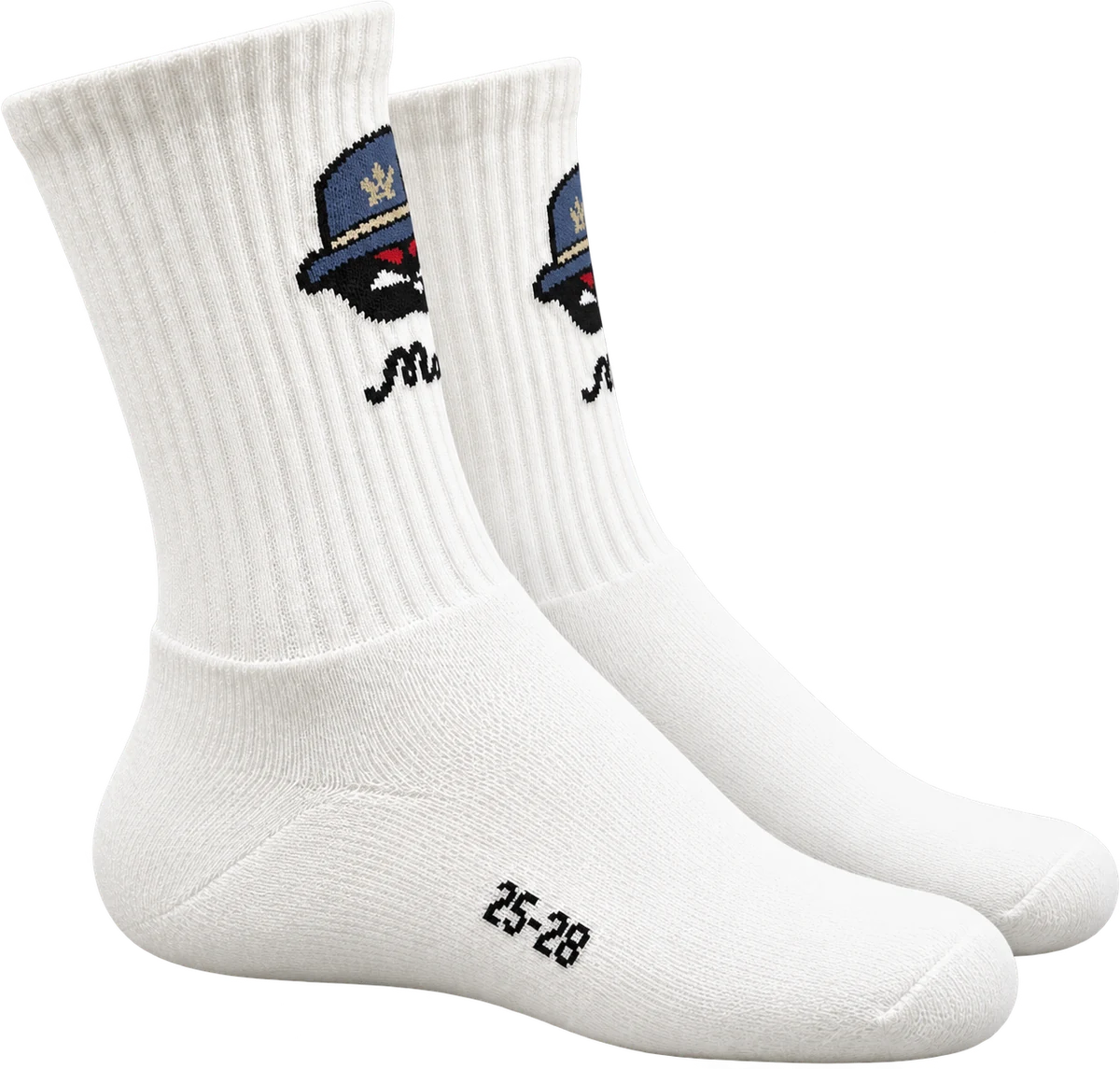 MONS blue accent sports socks, product-only side view where only part of the rear-cuff logo is visible
