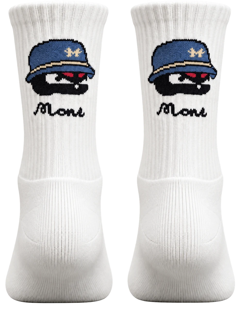 MONS blue accent sports socks, product-only rear view with the full MONS logo on the cuff