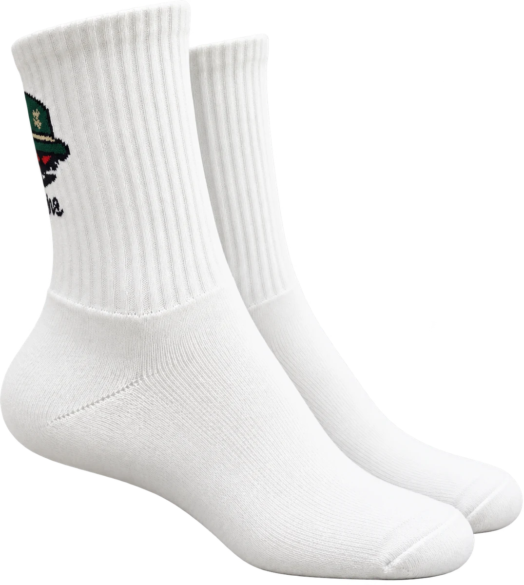 MONS green accent sports socks, product-only side view where only part of the rear-cuff logo is visible