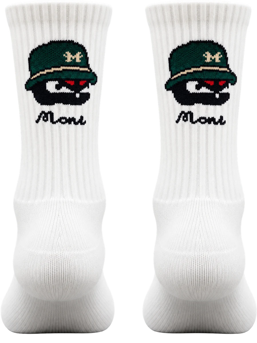 MONS green accent sports socks, product-only rear view with the full MONS logo on the cuff