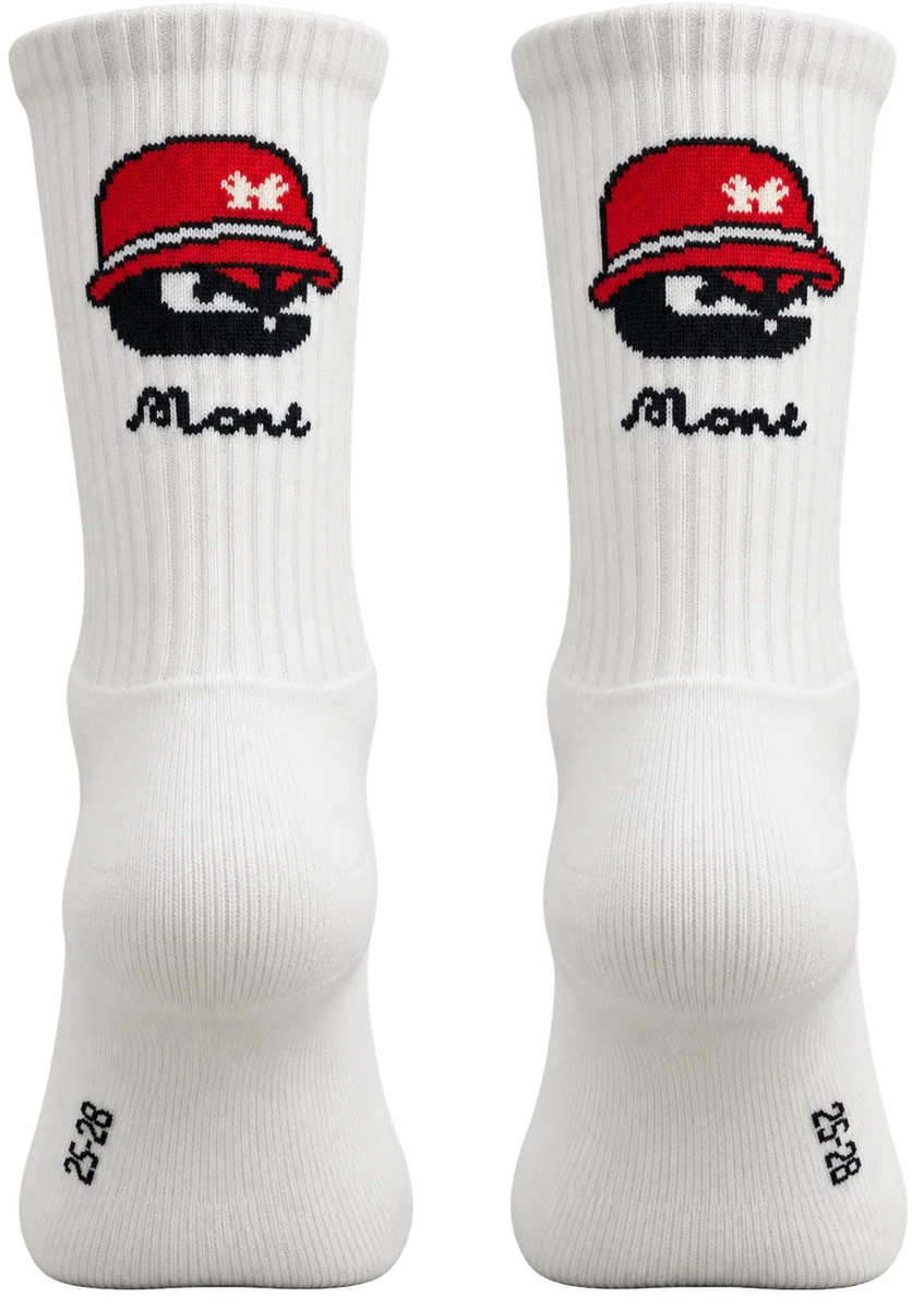 MONS red accent sports socks, product-only rear view with the full MONS logo on the cuff